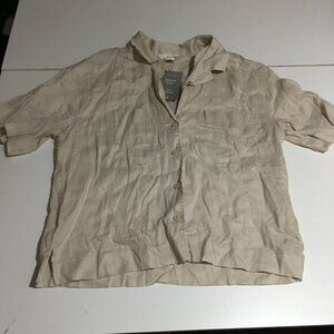 H&M Linen Womens Small Short Sleeve Button Shirt Top Beige NWT